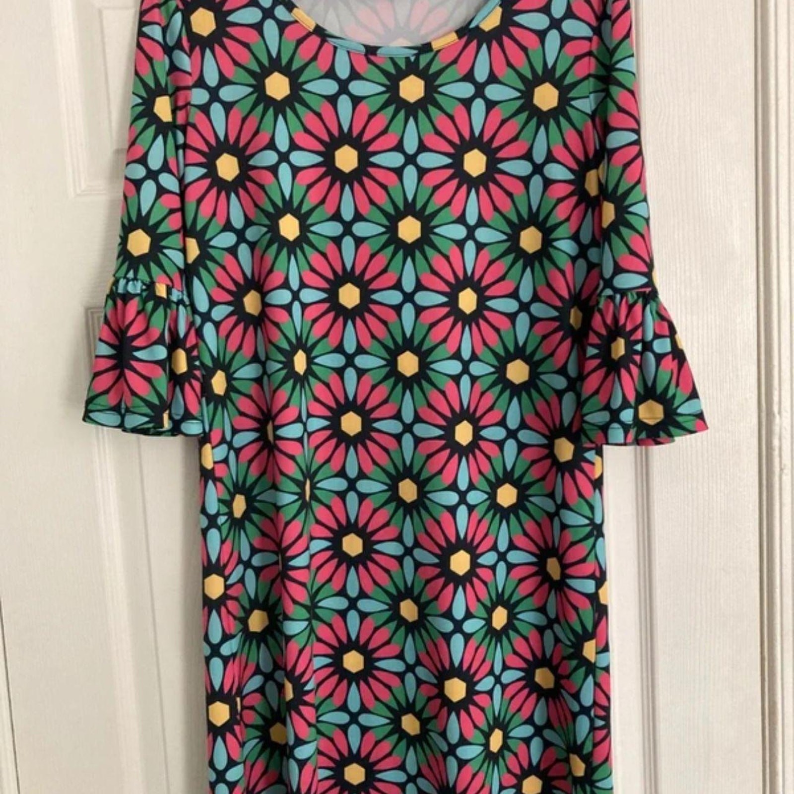 Vera Fishbaugh – Hippy/Boho Bright Floral Pencil Dress Flare Sleeves – M