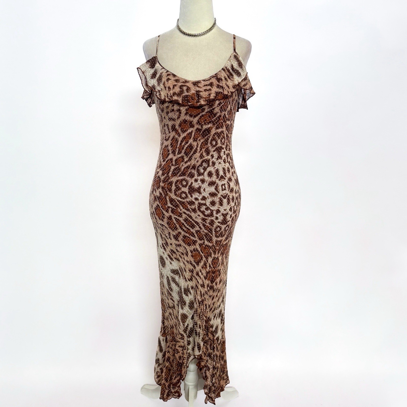 Vintage 1990’s Betsey Johnson Evening Leopard Print Ruffle Slip Dress S NWT