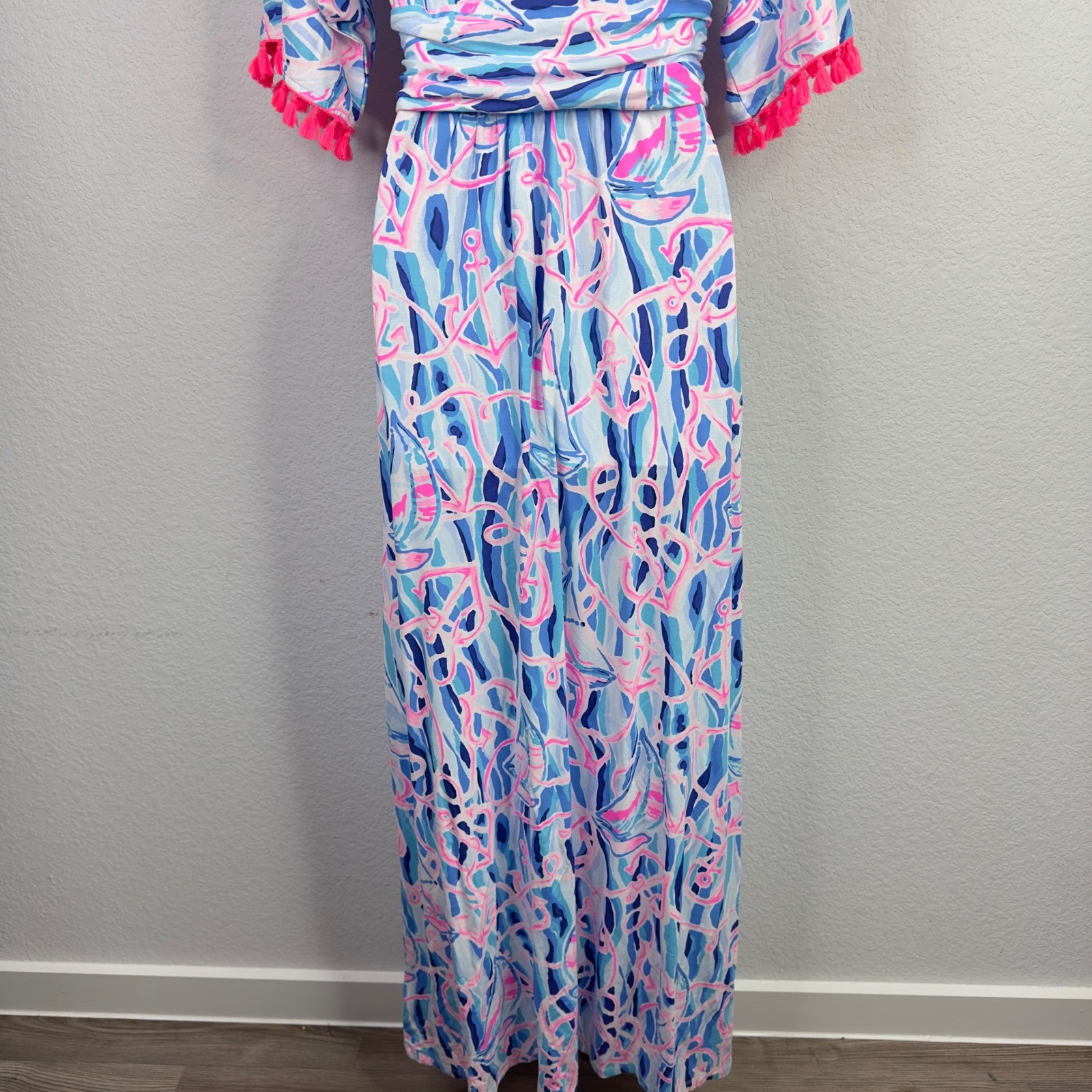 Lilly Pulitzer Parigi Maxi Dress Womens S Blue Pink Reel Nautical Tassel Coastal