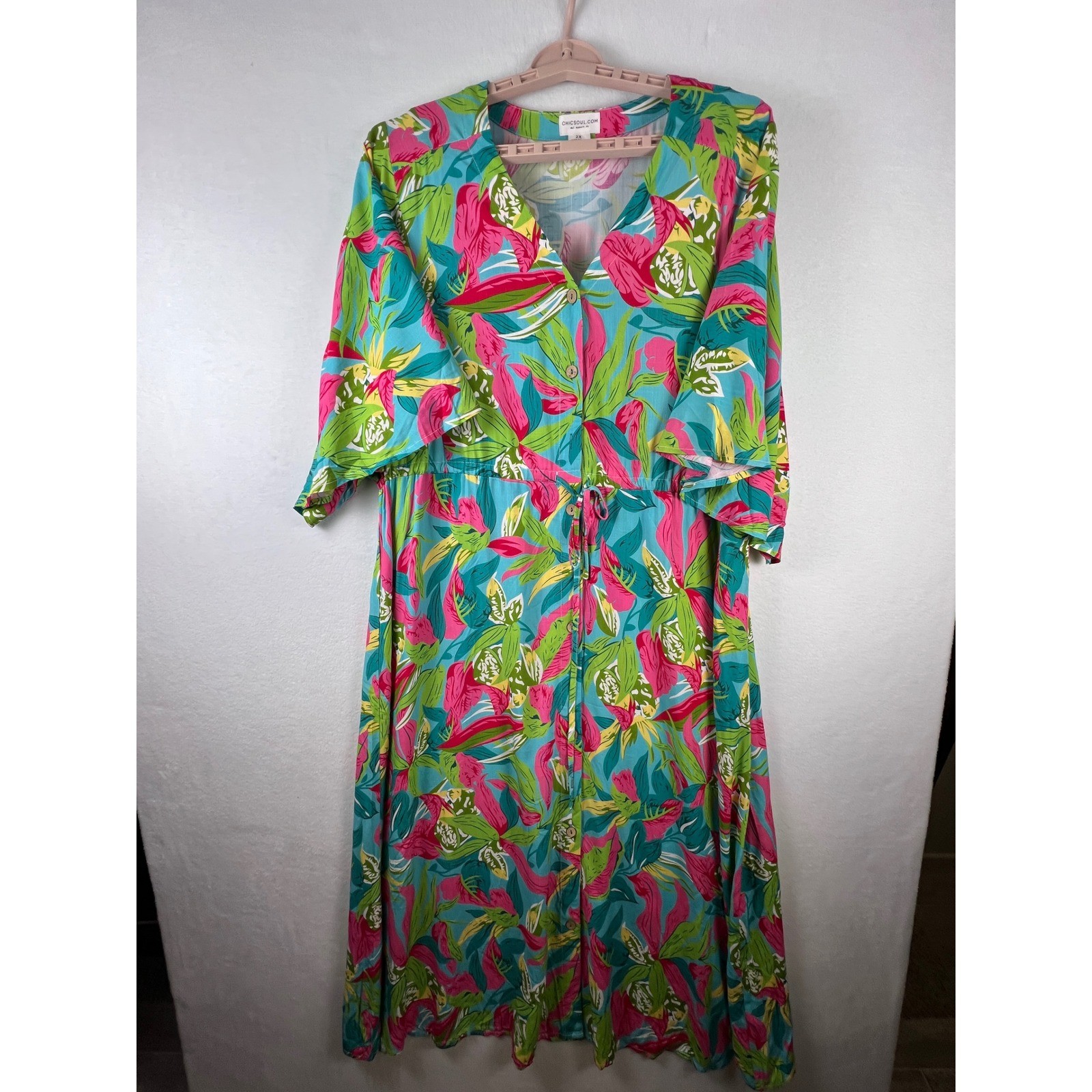 Chic Soul 2X Tropical Floral Maxi Dress Button Front Kimono Sleeve Resort