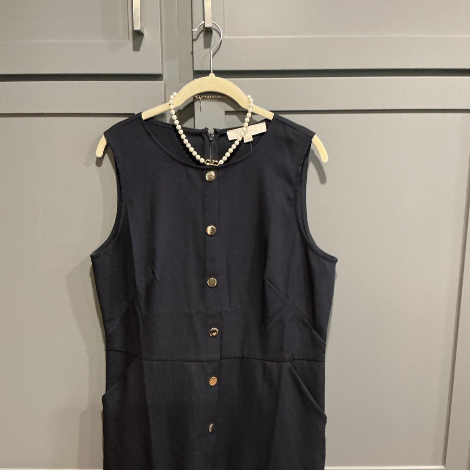 LOFT Navy Sleeveless Sheath Dress Knee Length Button Ruffle Pockets Stretch 12