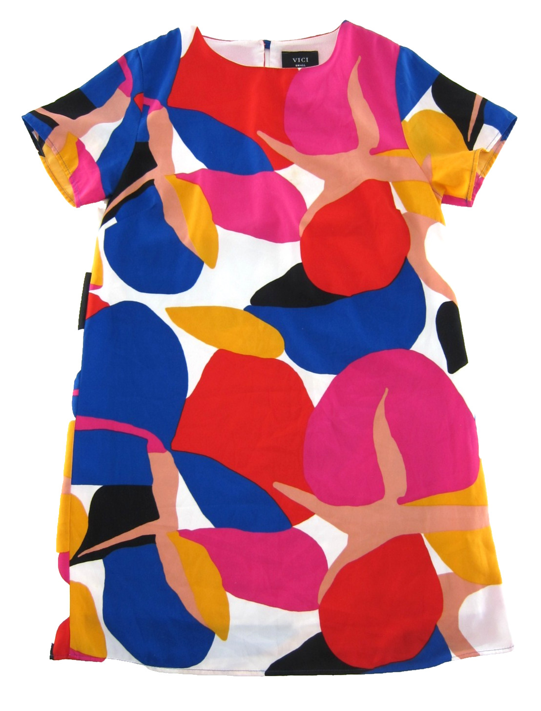 VICI Pink Blue Red Yellow Black Motif Short Sleeve Tunic Shift Shirt Dress Small