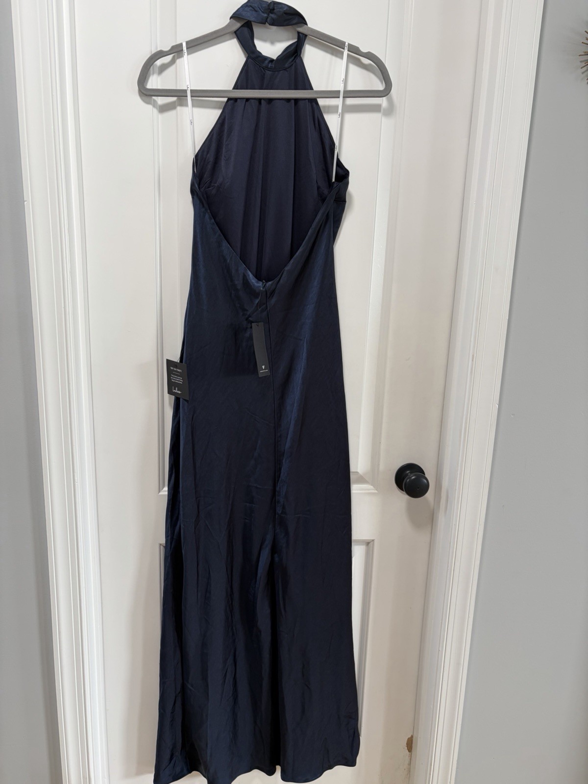 Lulus Love in Your Life NWT size Small Navy Blue Satin Halter Maxi Dress