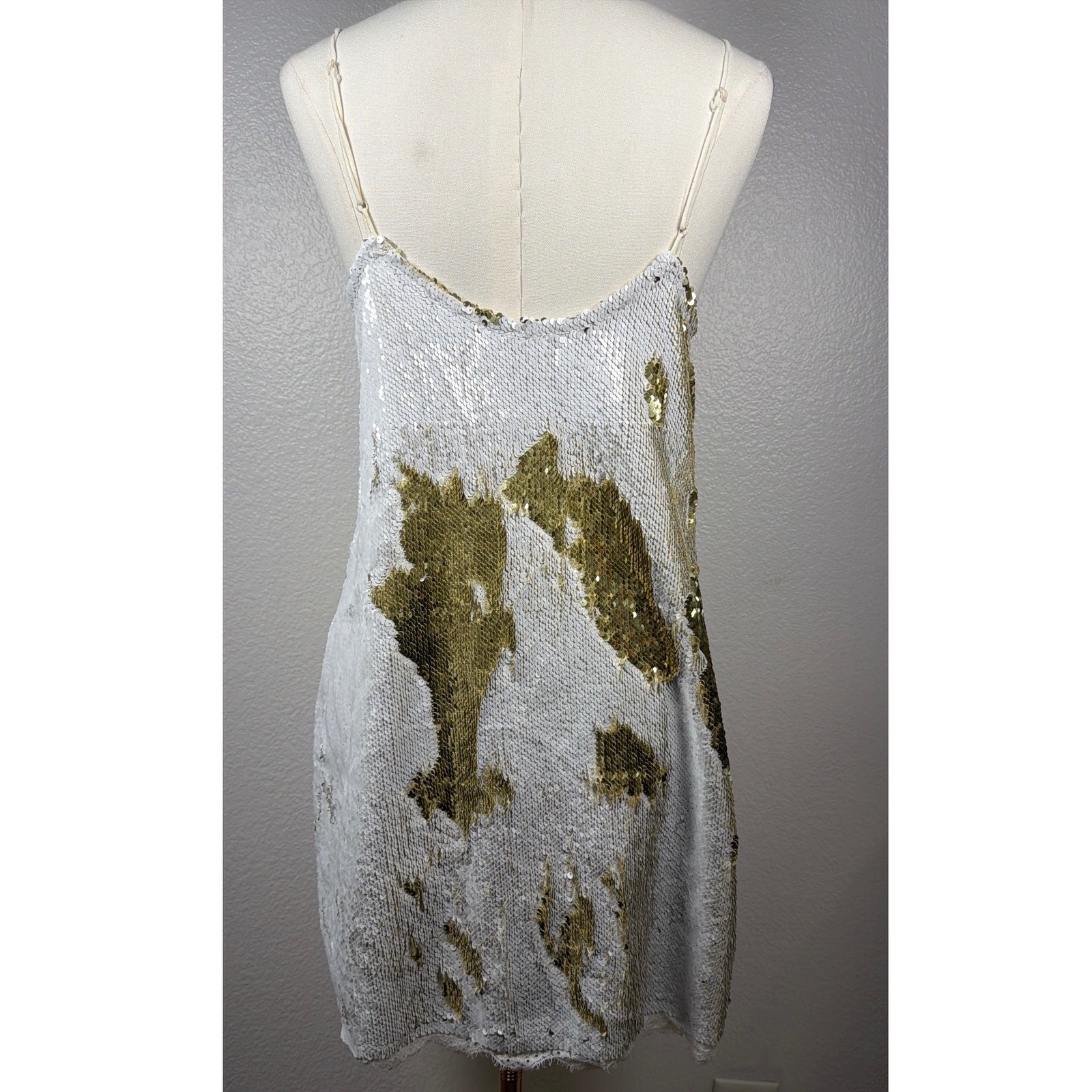 Intimately Free People Seeing Double Reverse Sequin Slip Mini Dress Gold Whit LG