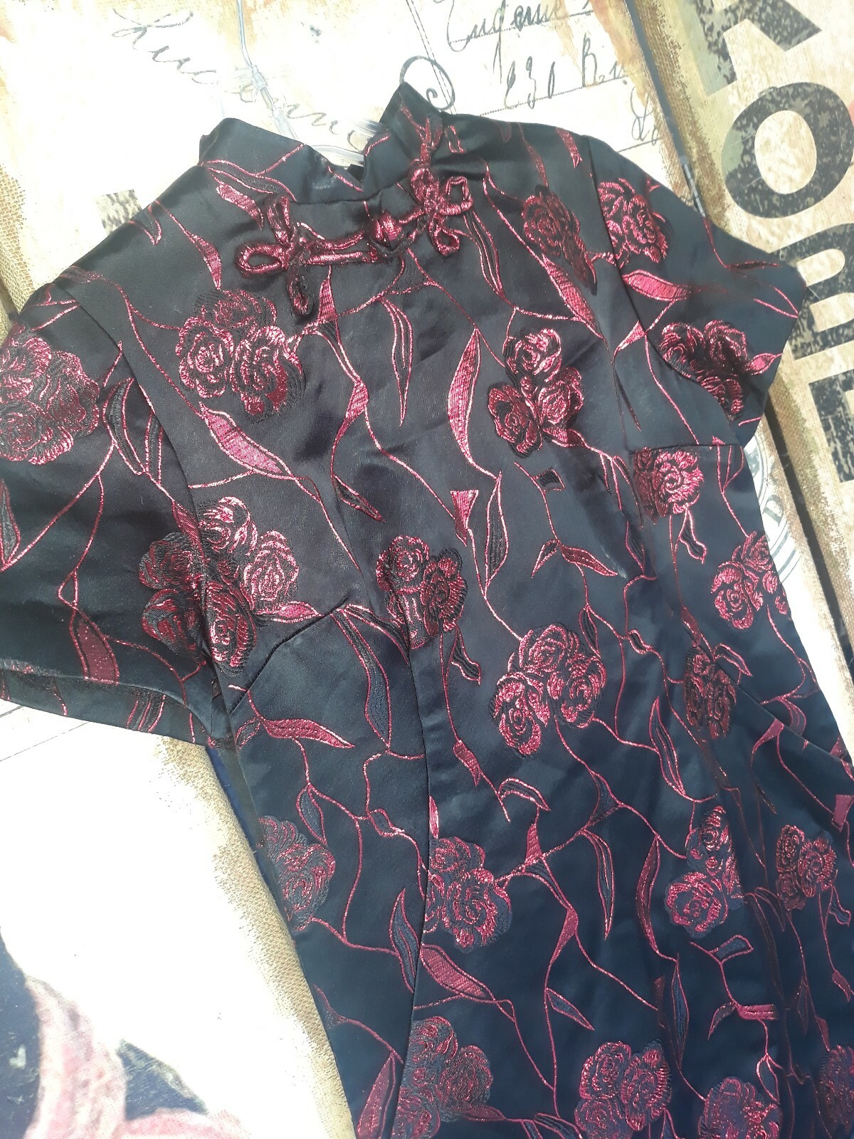 Vintage 60s Red Black Exotic Maxi Dress Asian Oriental Cocktail Party Medium 8