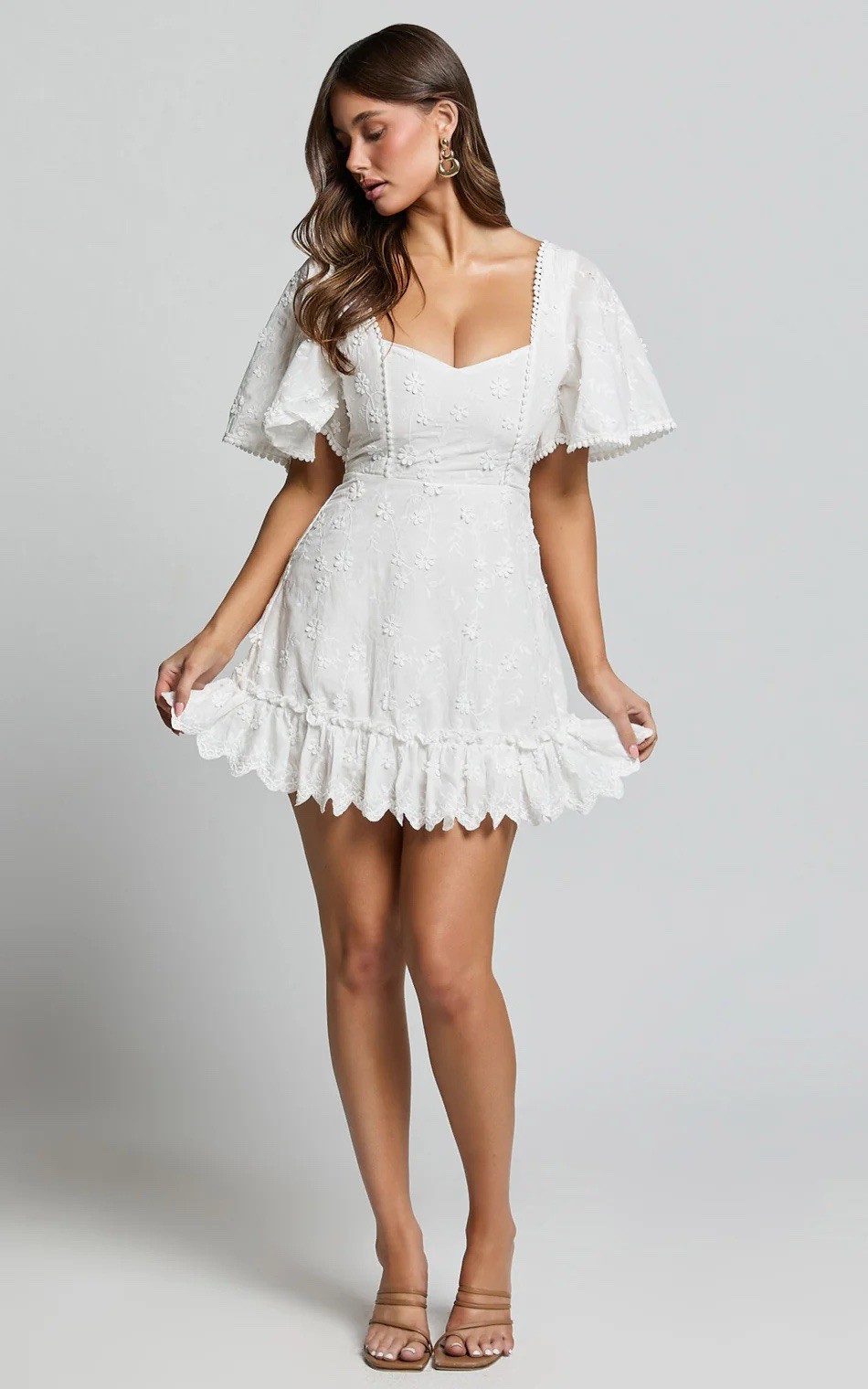 Showpo US 10 White Floral Lace Embroidered Square Neck Flutter Sleeve Mini