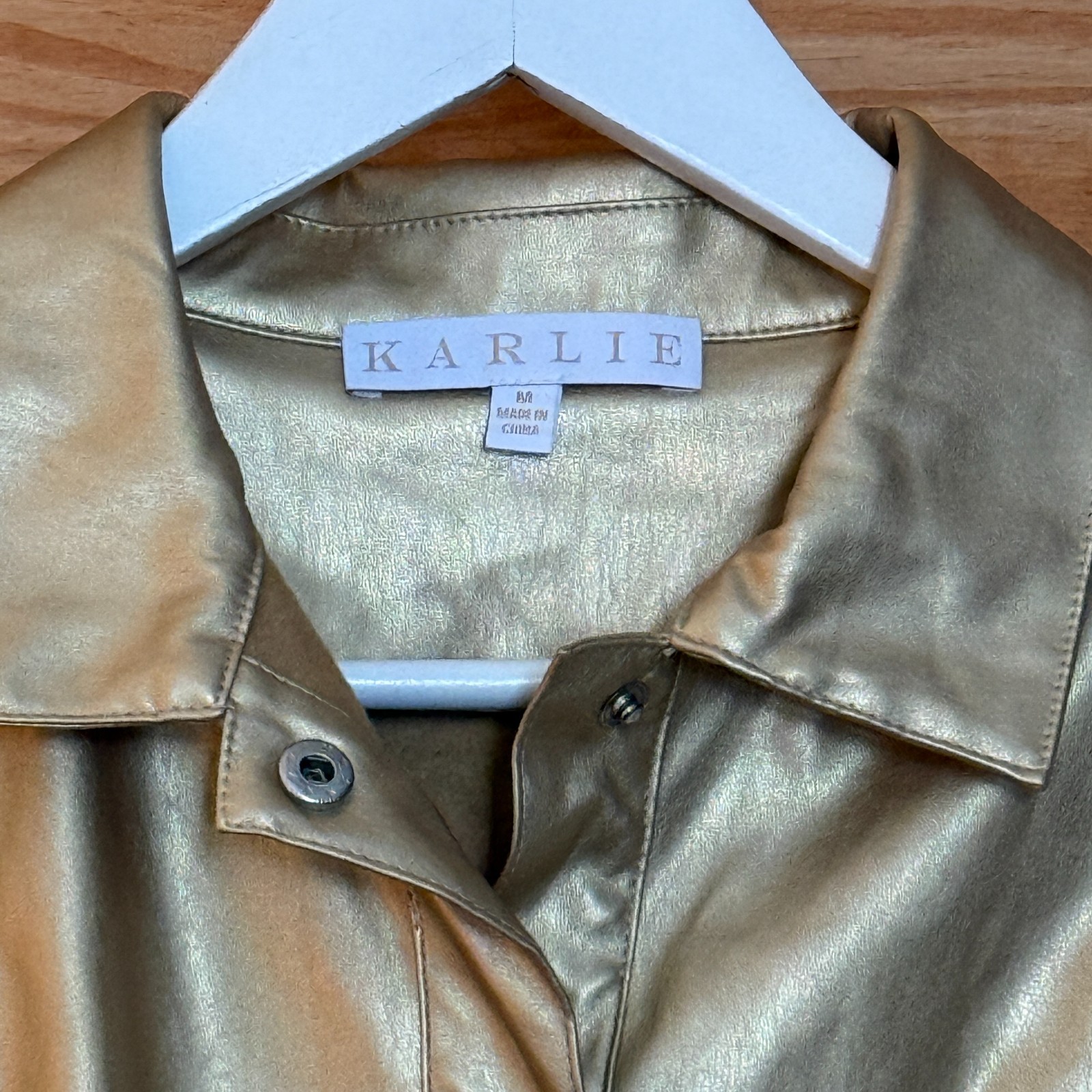 Karlie Gold Metallic Snap Button Puff Sleeve Faux Vegan Leather Dress size M