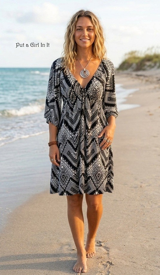USA Boho Women’s Black White Chevron Silky Kimono Bell Sleeve Dress S M Hippie