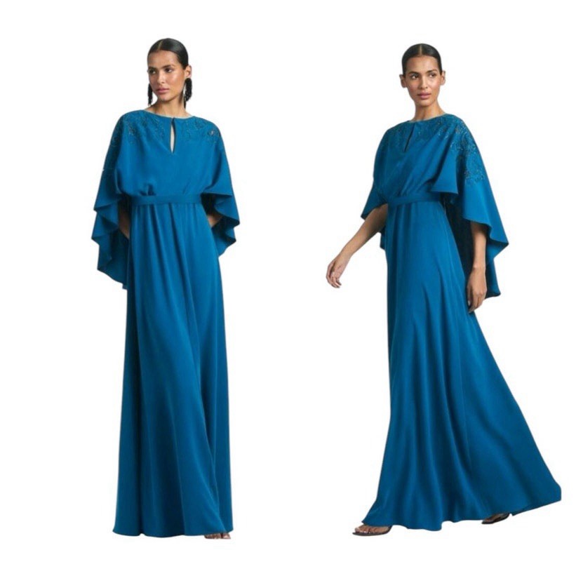 $1295 Sachin & Babi Wren Blue Beaded Cape Sleeve Chiffon Long A-Line Dress US10