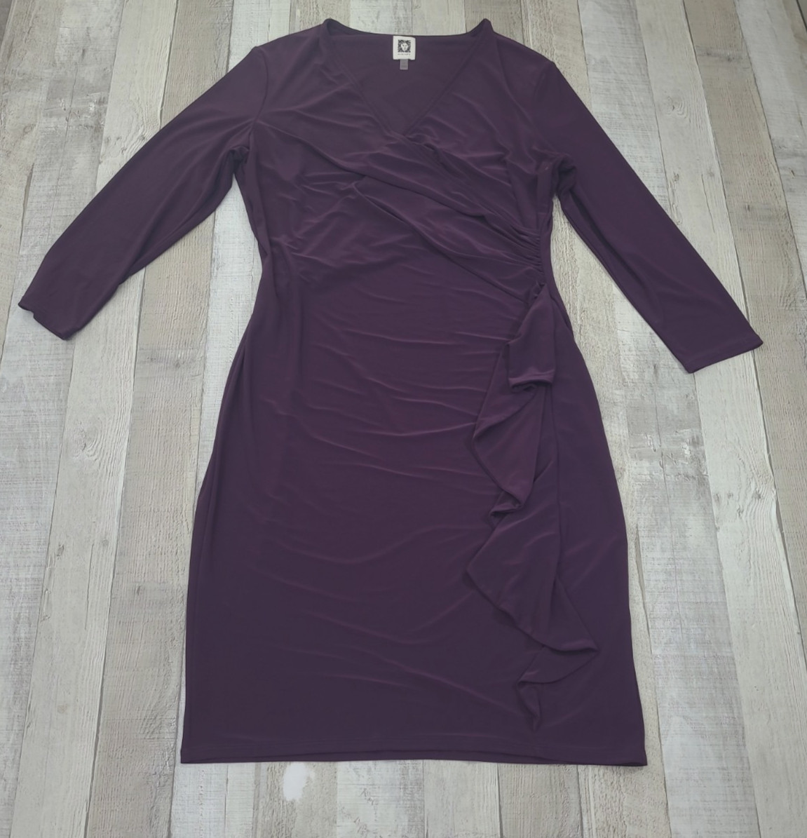 Anne Klein Faux Wrap Dress Women’s Size 12 V-Neck Ruched Side Stretch see pics