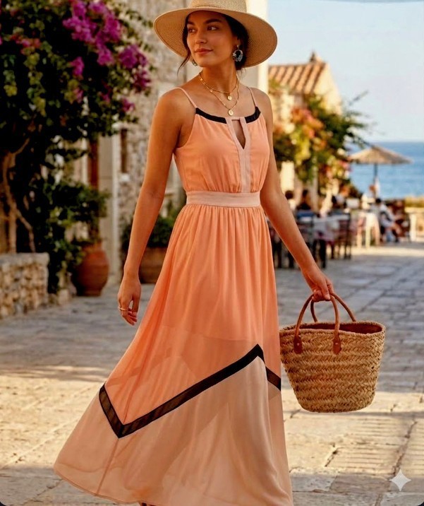Lucy Paris New Sheer Pastel Peach Colorblock Chiffon Maxi Dress M Resort Wedding