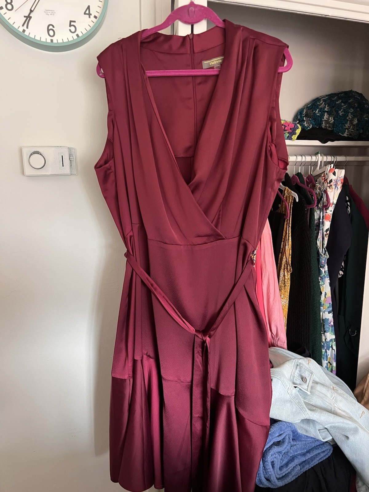 Melonie T Burgundy Solid Satin Wrap Dress V-Neck Sleeveless Belted 22W