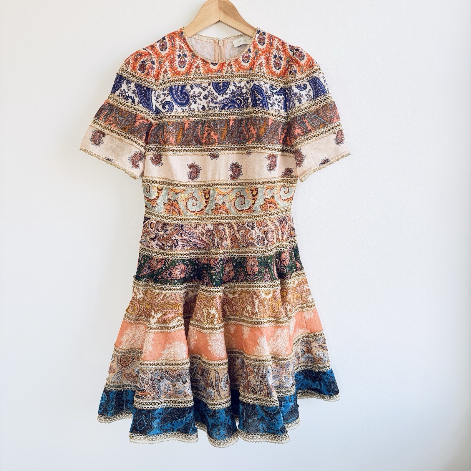 Zimmermann Devi Spliced Mini Dress Size 1/AU 10/US 8 Gold Trim Paisley Rare EUC
