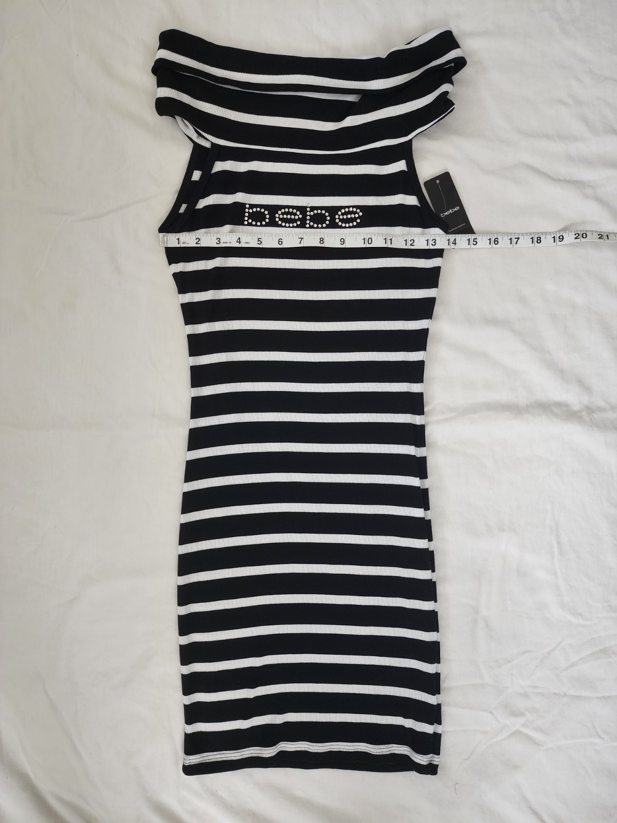 bebe Womens Dress Small Black White Striped Rhinestone Logo Fold Over Neck NWT