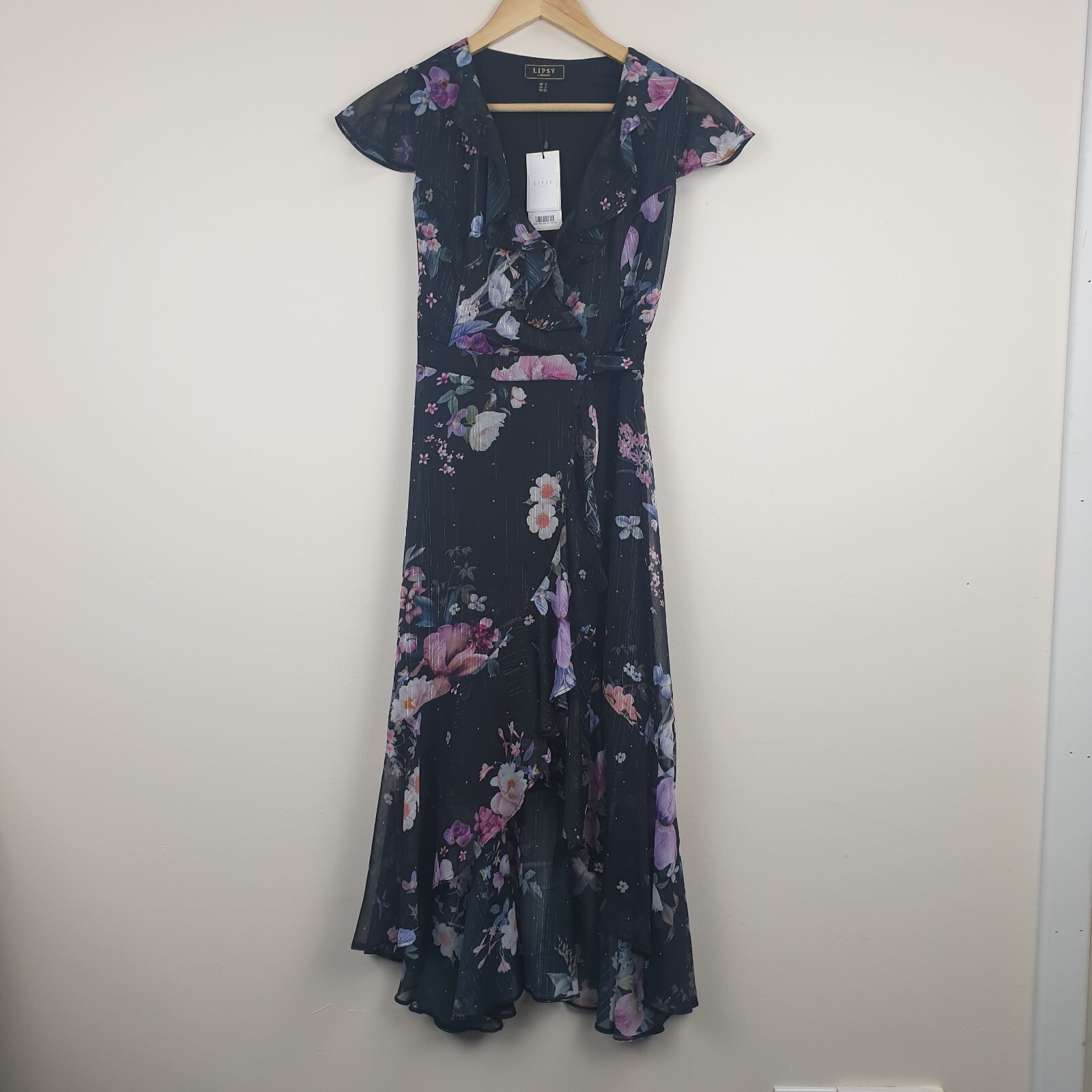 Lipsy Dress Womens UK 6 Black Floral Sheer Wrap Ruffle Party Occasion Floaty