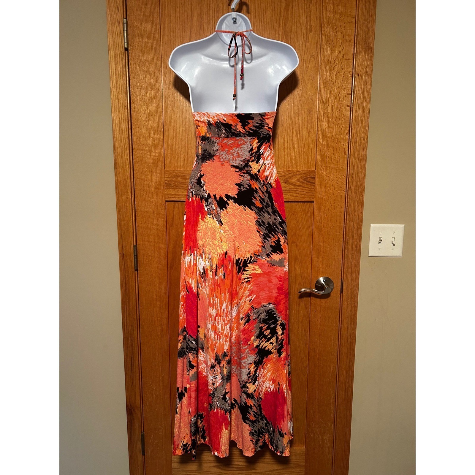Vibrant Boho Orange Abstract Print Halter Maxi Dress Women’s Size Large