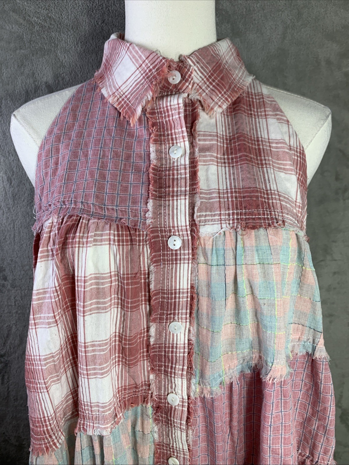 Bluevelvet Patchwork Button Up Shirt Dress Pink Plaid Ruffle Frayed Western Sz L