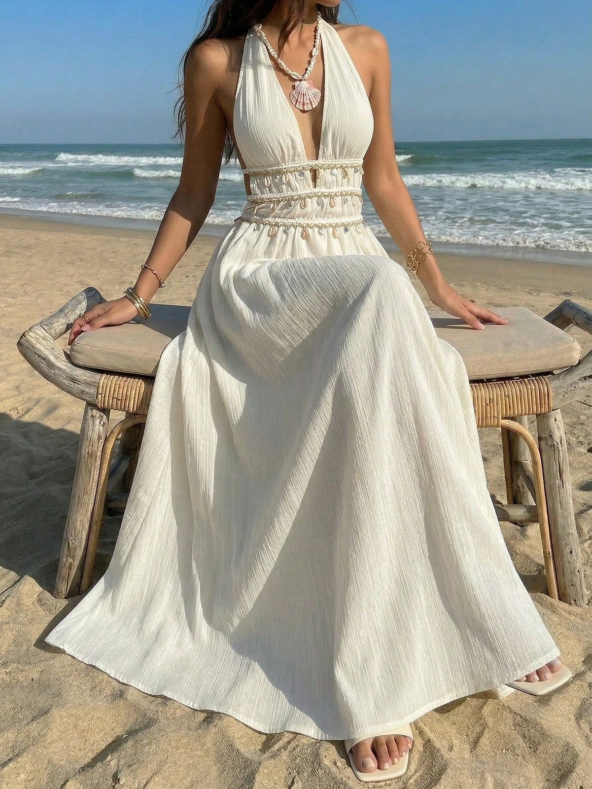 Elegant Apricot A Line Halter Neck Dress