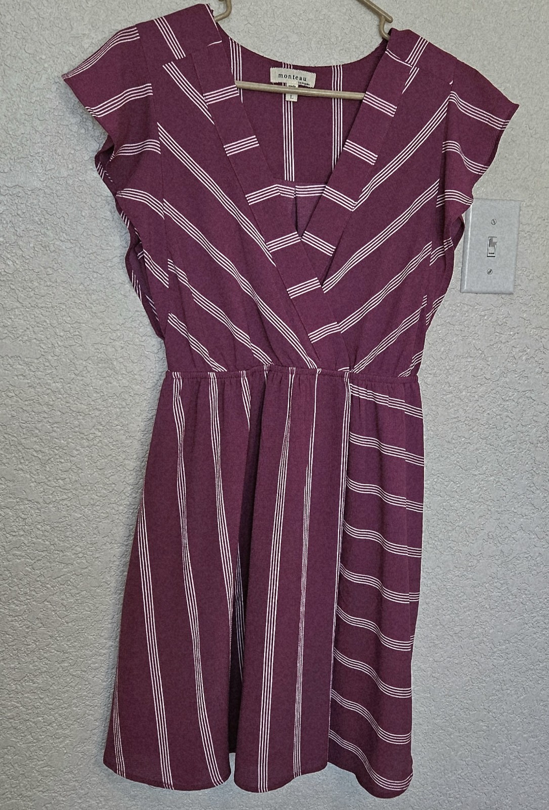 Womens Large Wrap Bodice Striped Burgundy Wine V-Neck Dress Flutter Cap Sleeves
