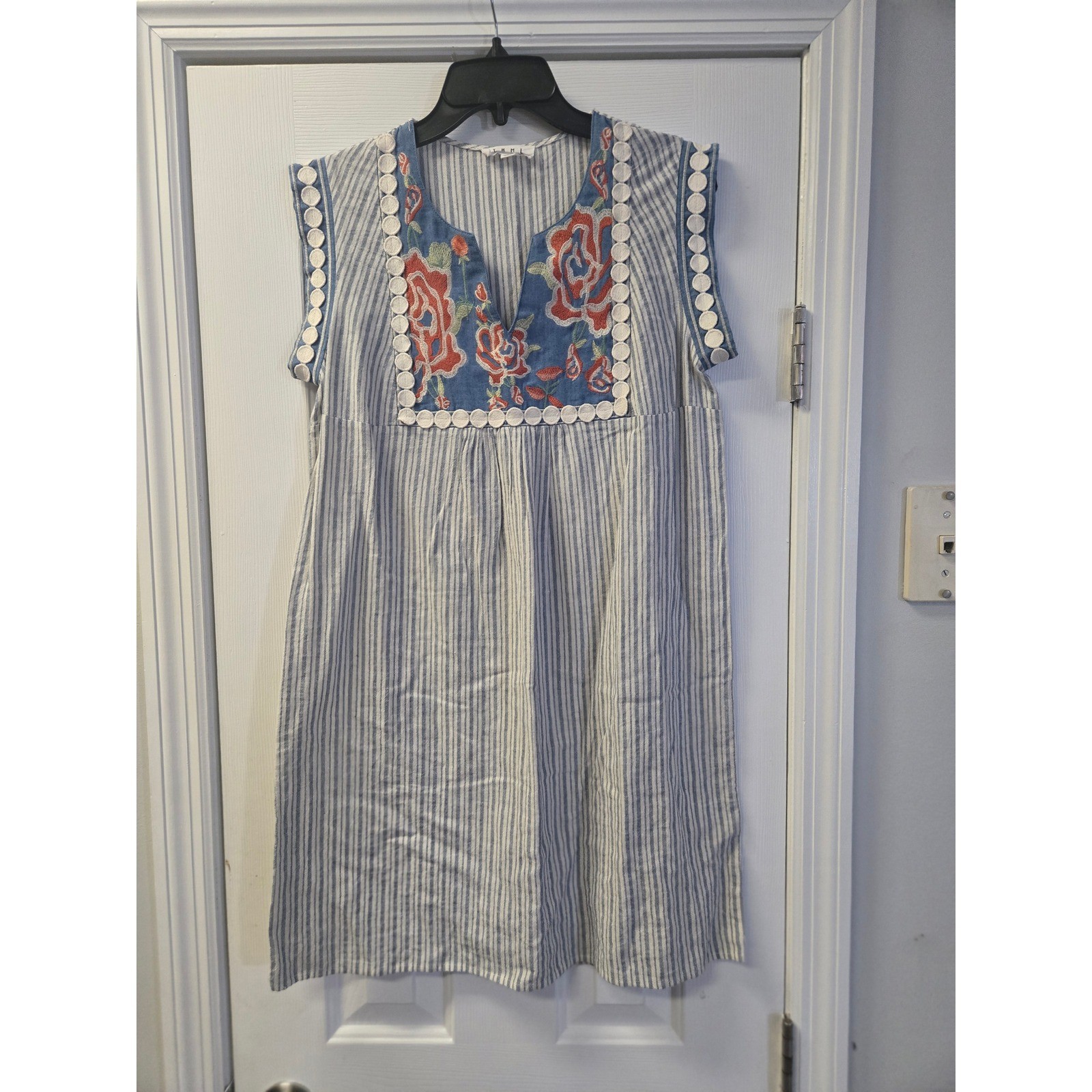 THML Womens Blue White Striped Floral Embroidered Pom Pom Shift Dress S