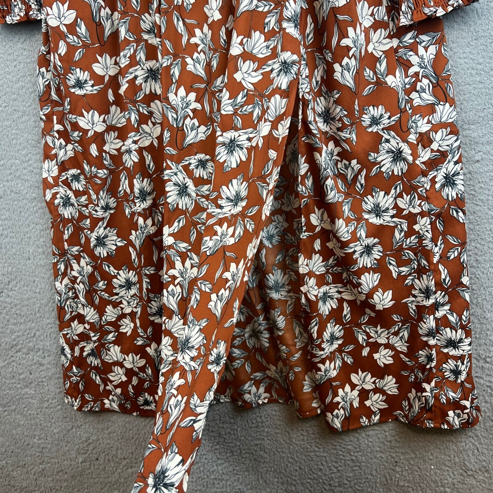 Rust Brown Floral Smocked Maxi Dress Long Sleeve Square Neck Boho Slit L