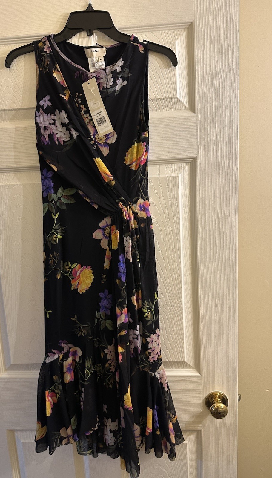 NWT Fuzzi Italy Black Floral Side Rouched Waist Ruffle Mesh Dress Medium