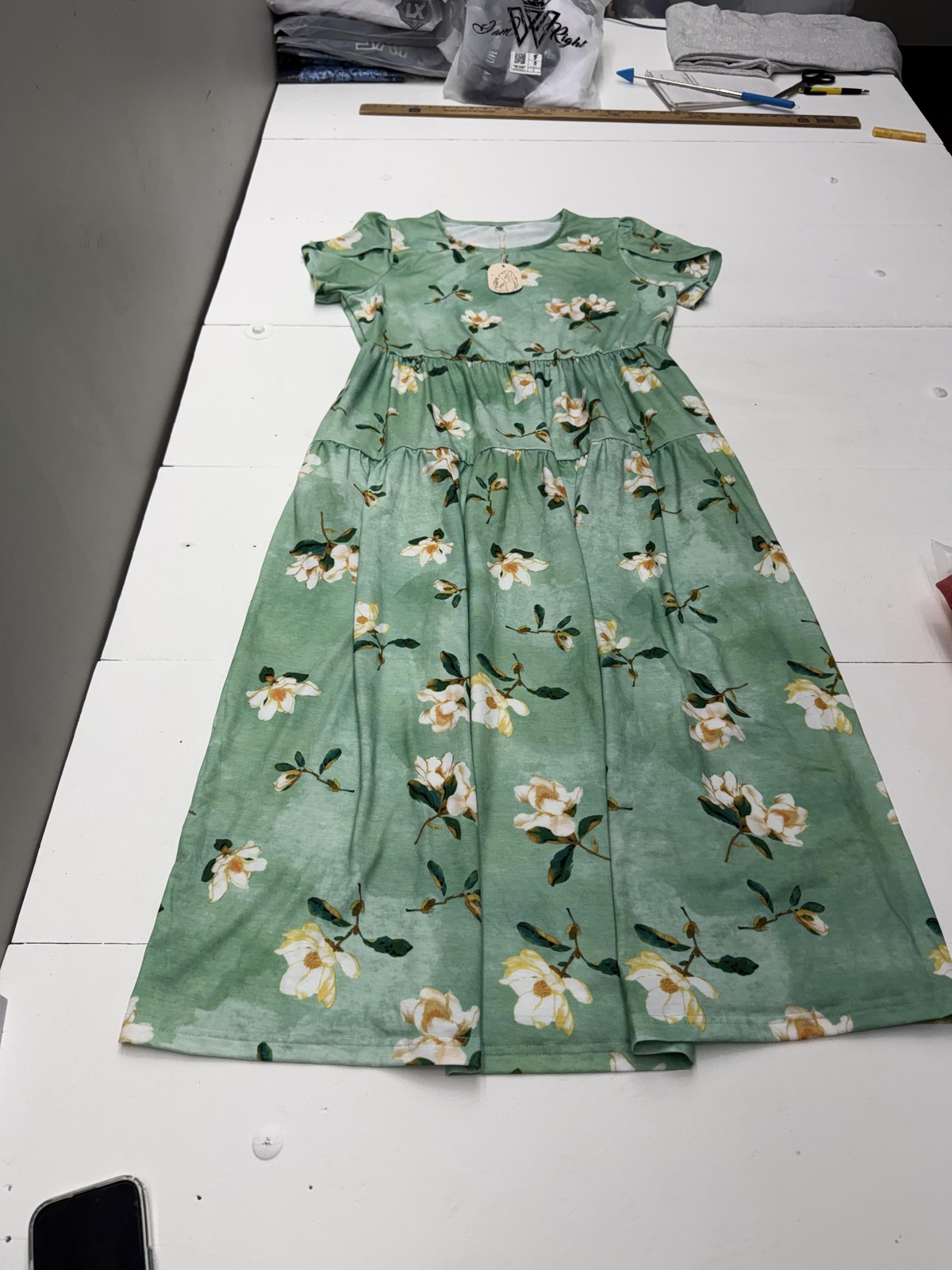 Floral Sundress Womens L Green Scoop Neck Short Puff Sleeve A-Line Midi Casual