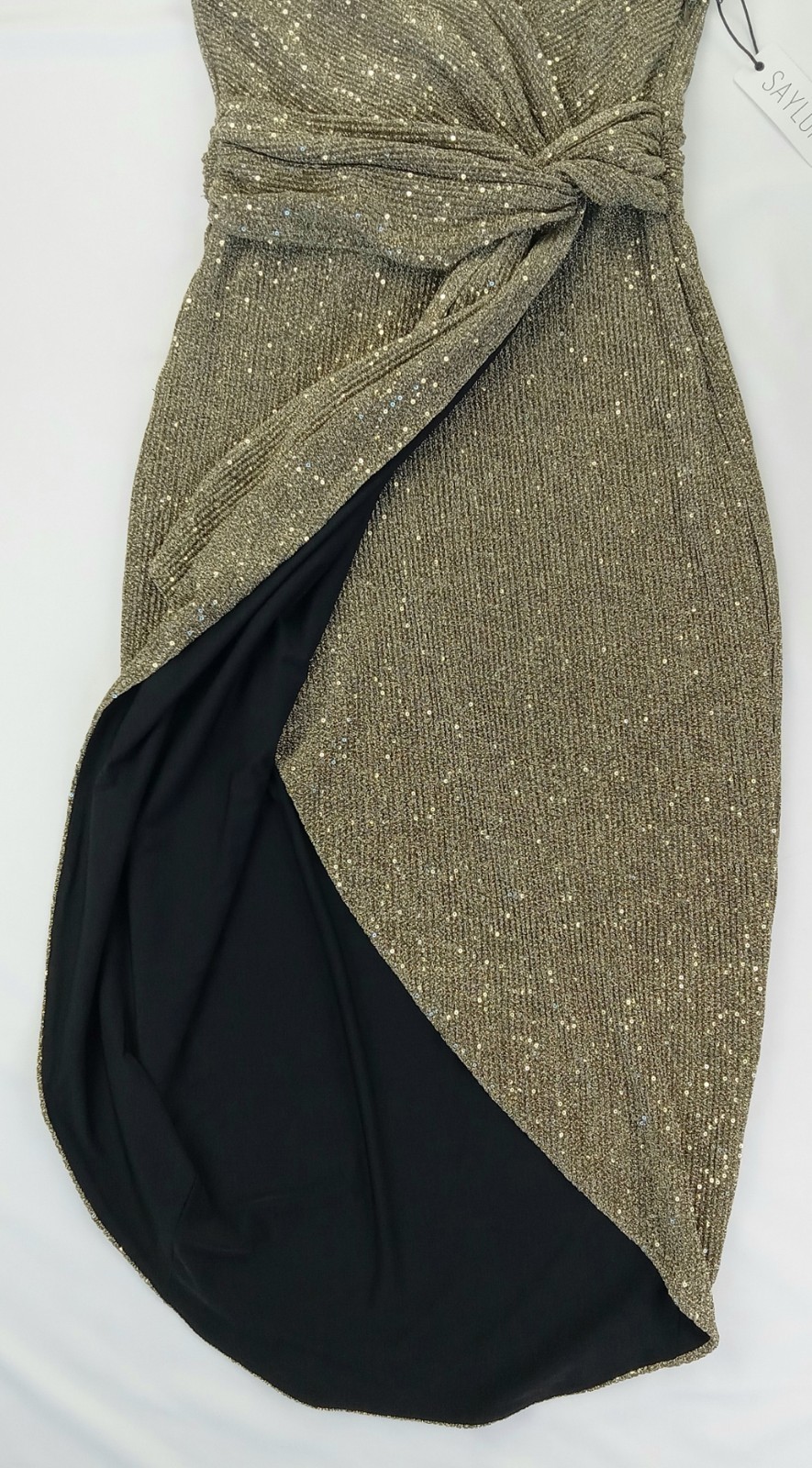 NWT Large SAYLOR Gold Ribbed & Sequins CYRIELLE Faux-Wrap TULIP Midi Event DRESS