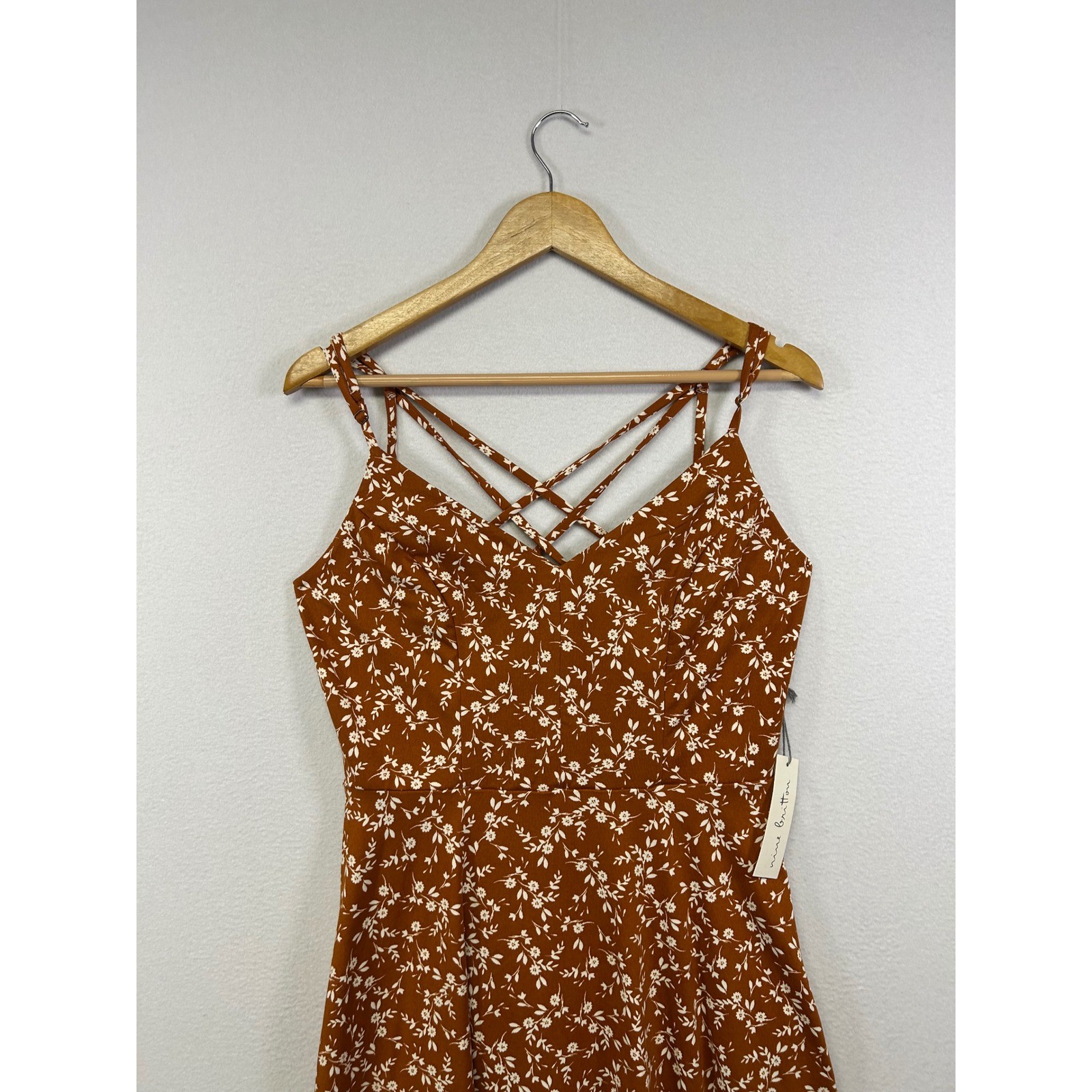 Cottagecore Nine Britton Womens Large Rust Floral Strappy Criss Cross Mini Dress