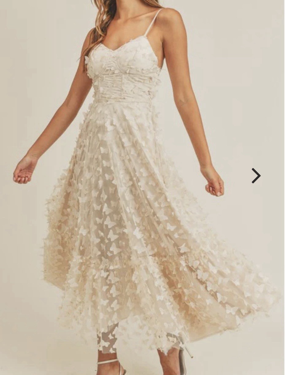 VICI COLLECTION CREAM BUTTERFLY MESH LACE UP BACK BUSTIER MIDI DRESS