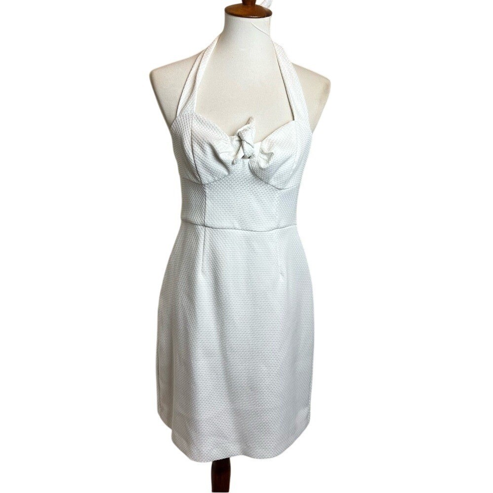 Trina Turk White Halter Mini Dress Textured Piqué Knot Front Size 4
