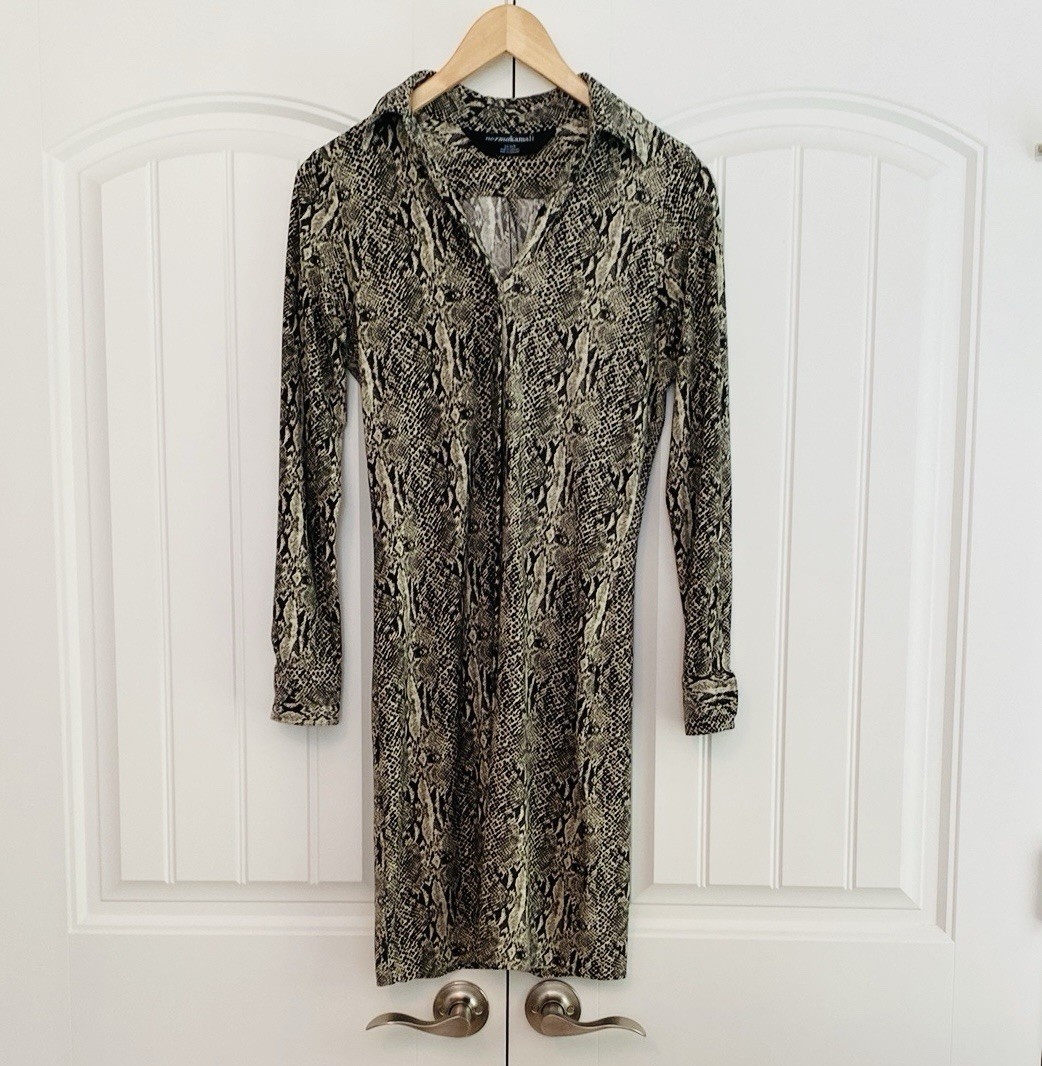 Norma Kamali Dress Women’s Size XS Black Ivory Long Sleeve Button Stretch Snake