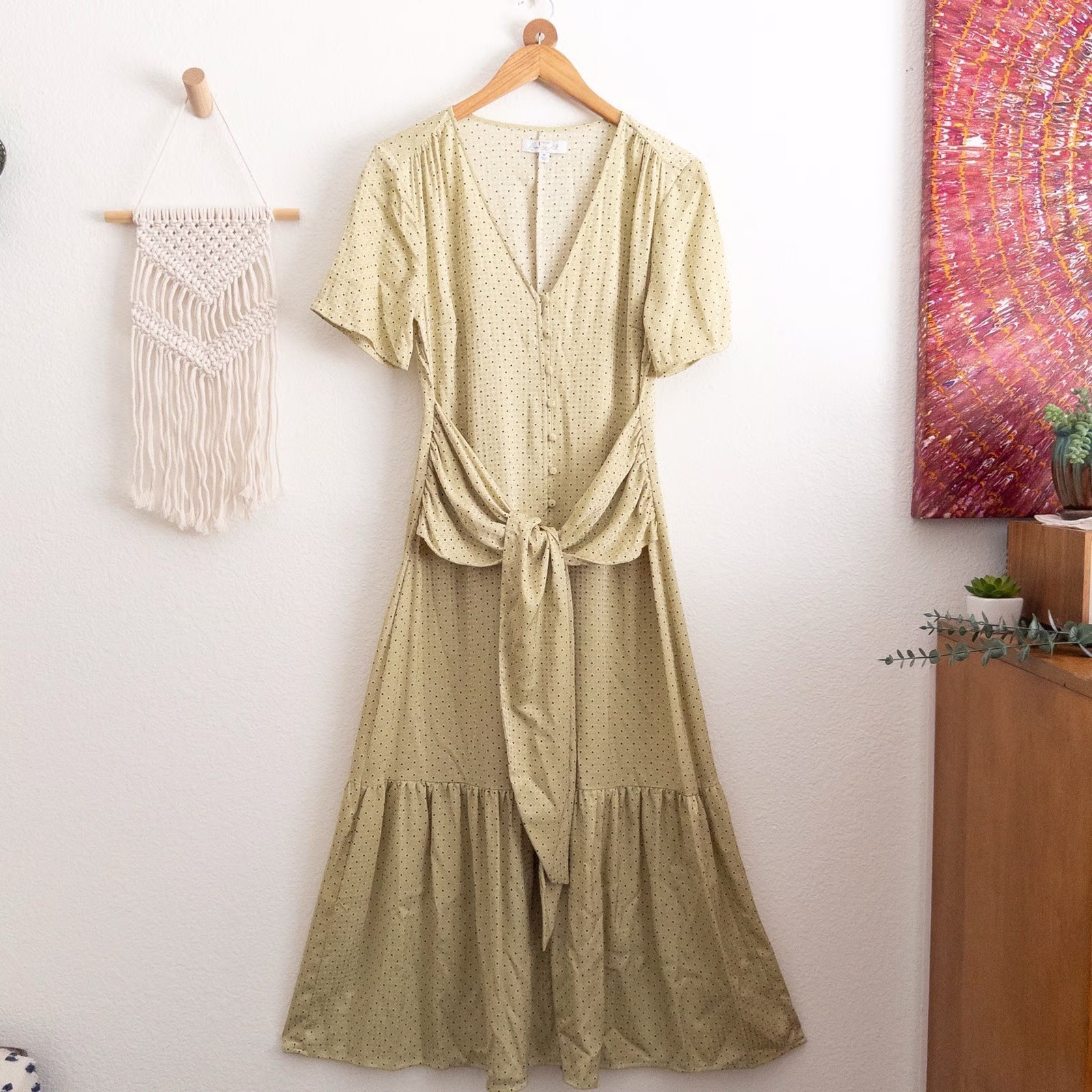 ANTHROPOLOGIE X LOVE, WHIT CITRON DOT TIE WAIST MIDI DRESS
