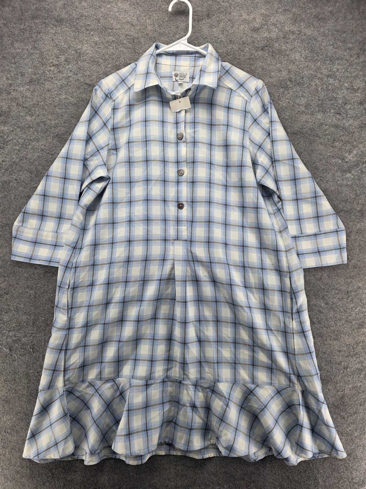 Holly Shae Dress Womens S/M Blue Shirt Dress Midi 3/4 Sleeve Plaid Ruffle