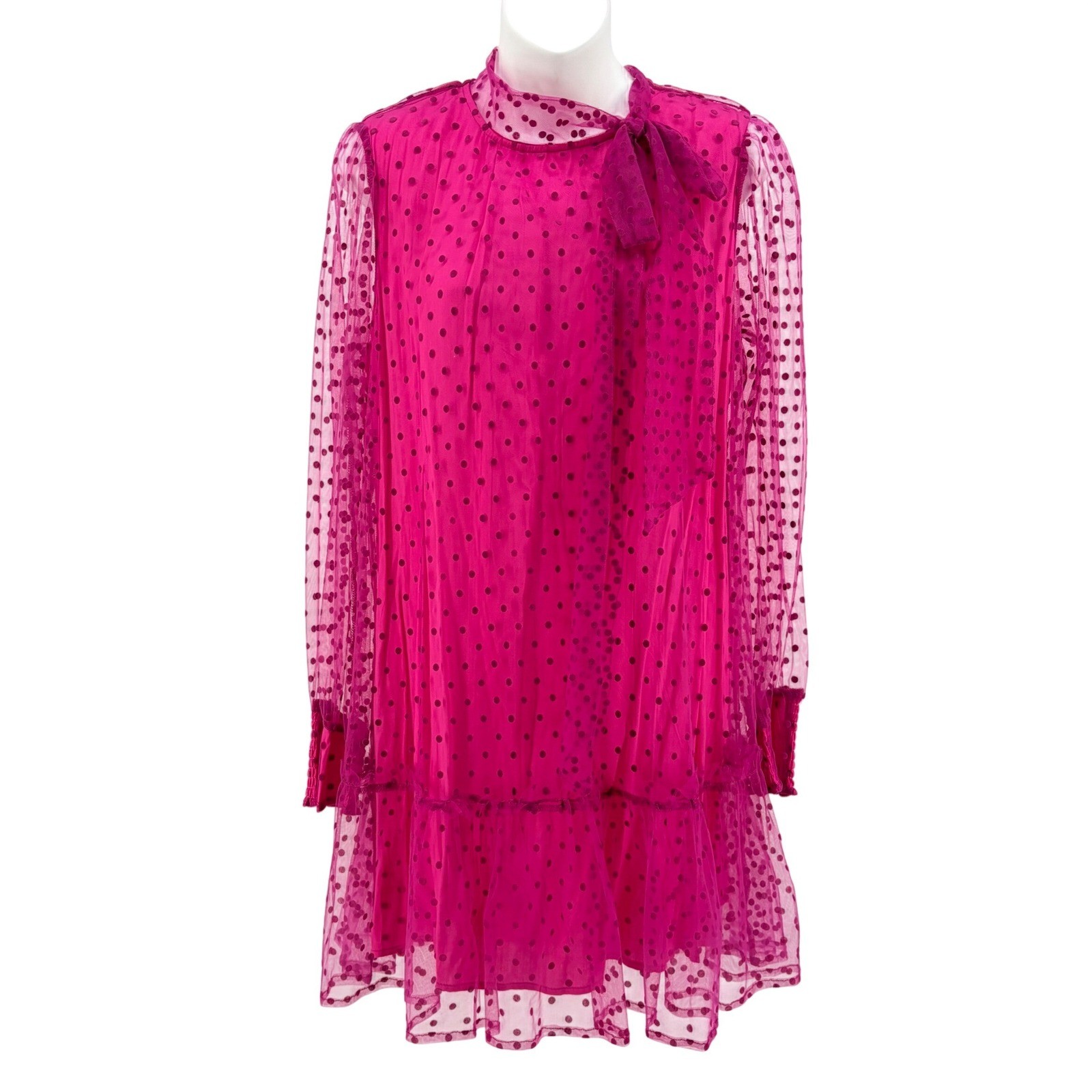 Meritt Dress Medium Pink Polka Dot Mesh Tie Neck Long Sleeve Mini Sheer Party