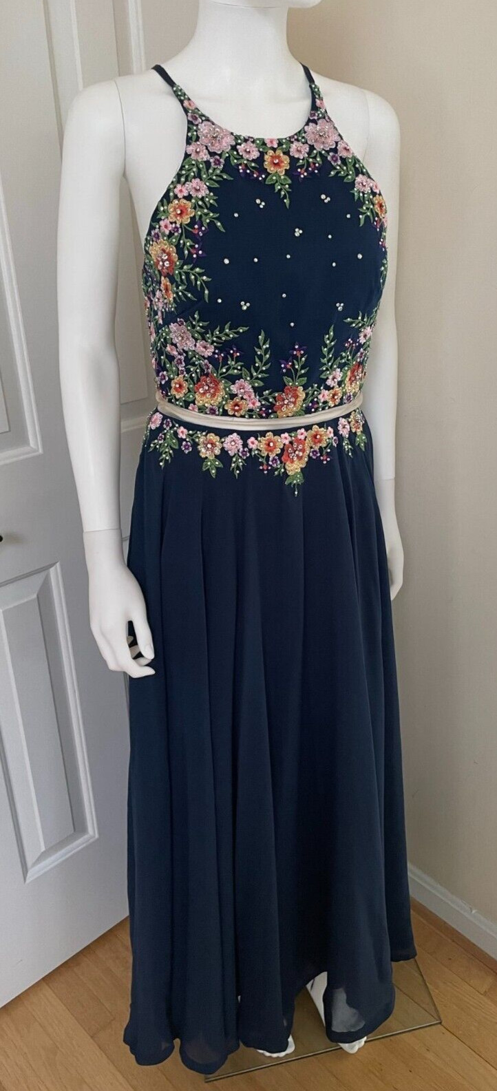 Tiffany Designs Embroidered Flower Floral Gown Dress Navy Size 6