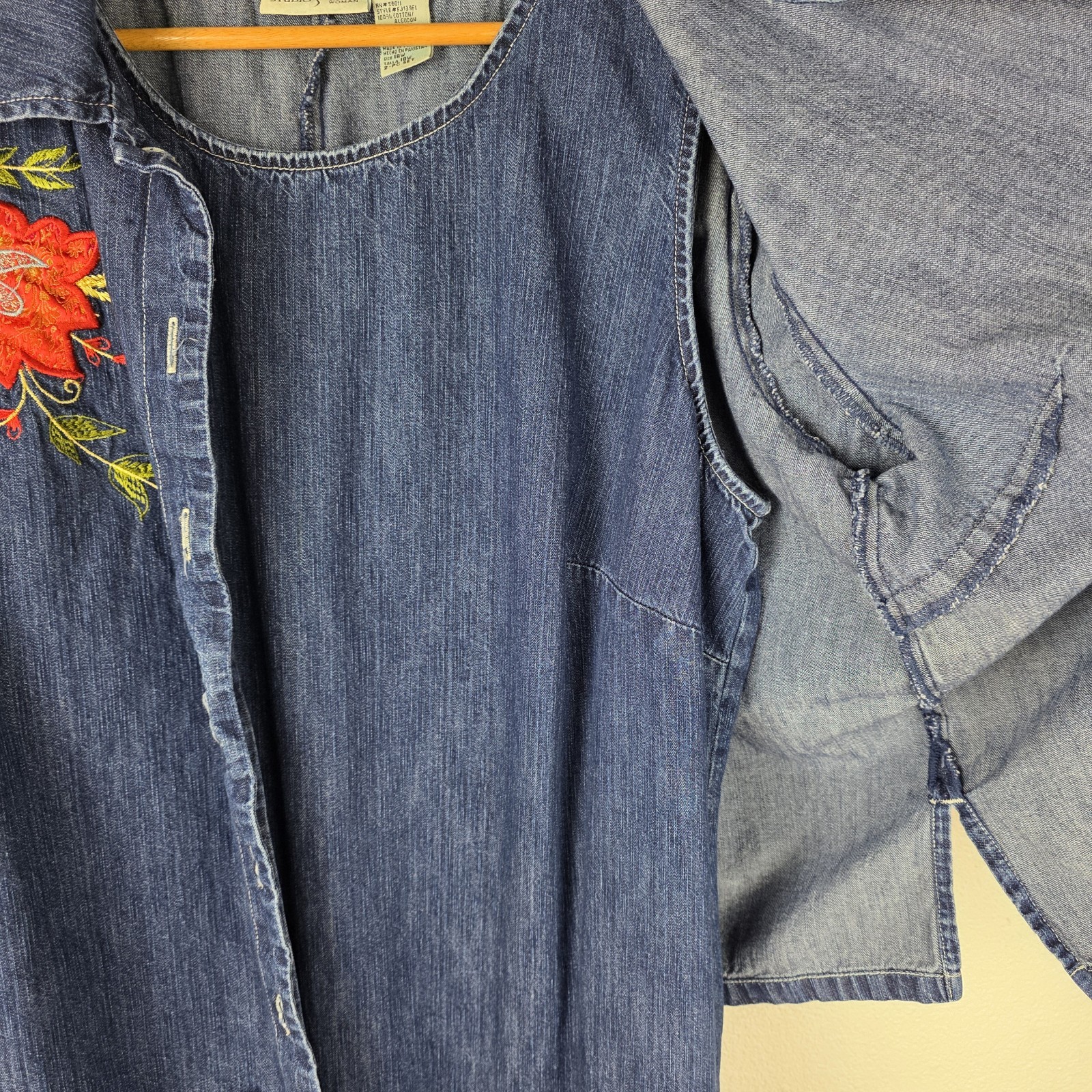 VTG Denim 2 Pc Set Maxi Dress Button Top 18W Western Boho 90s Embroidered Floral