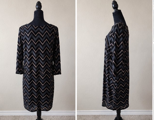 Studio One Women’s Metallic Chevron Shift Dress Size 14 Black Gray Lined Knit