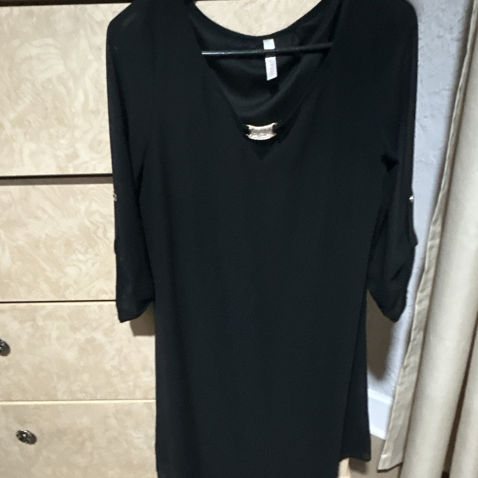 Point Women One Size Black Solid Shirt Dress V-Neck 3/4 Sleeve Metallic