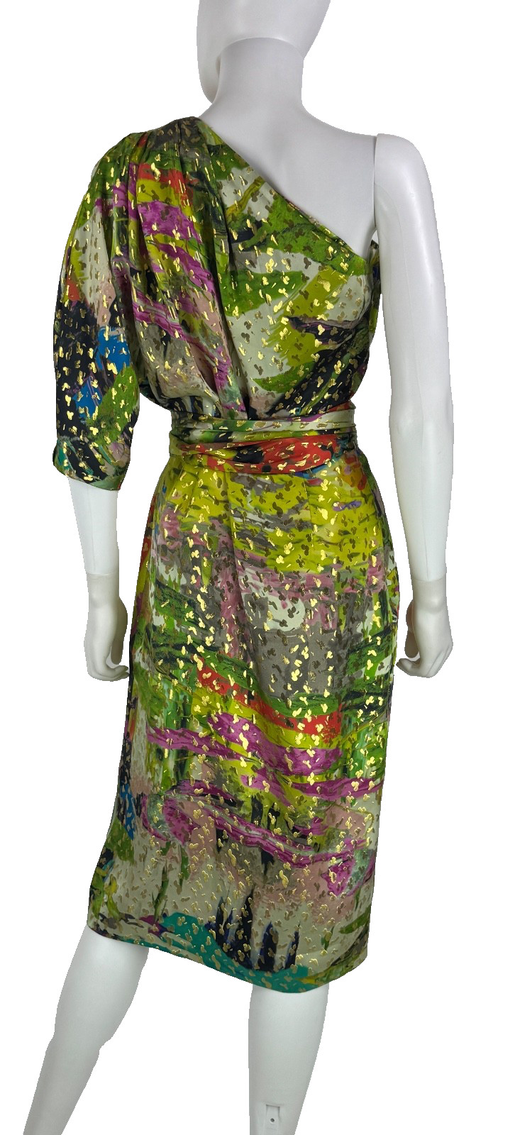 Naeem Khan One Shoulder Resort Midi Silk Dress 8 US 44 IT M Green Gold Belted