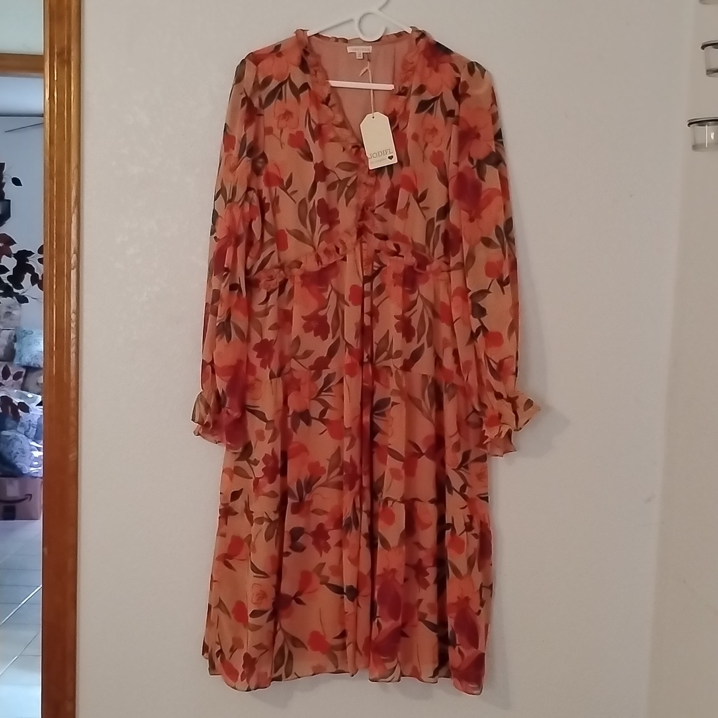 JODIFL S Peach Multicolor Floral V-Neck Long Sleeve Ruffle Midi Dress