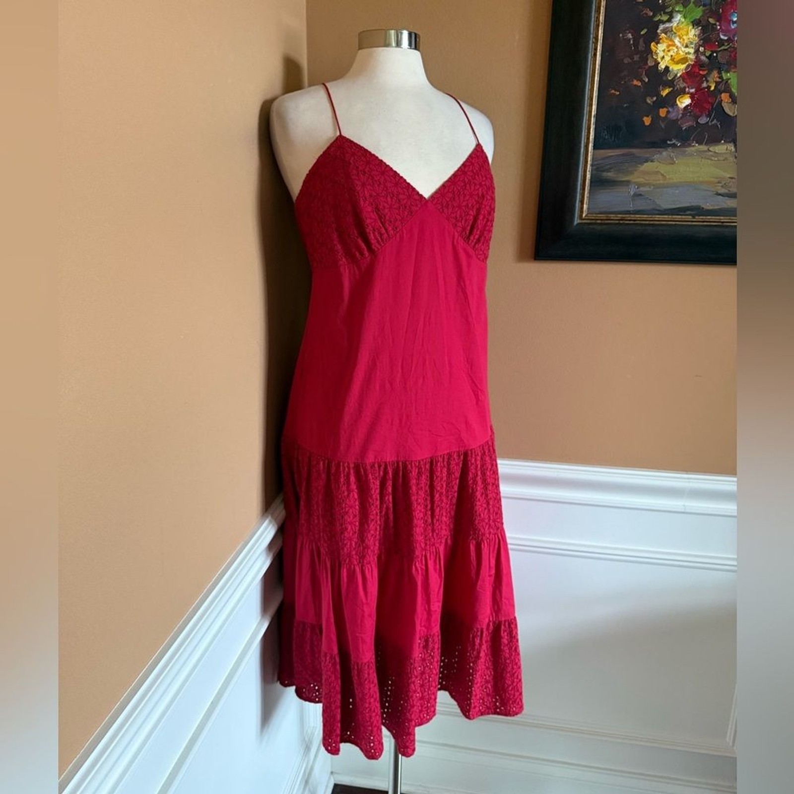 Michael Kors Cotton Spaghetti Strap Eyelet Ruffle Midi Dress Red Size 10 NWT