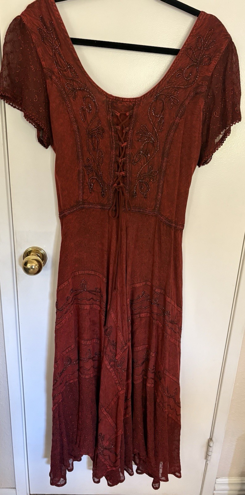 Sakkas Dress Women S/M Burnt Orange Boho Embroidered Smocked Maxi Western Hippie