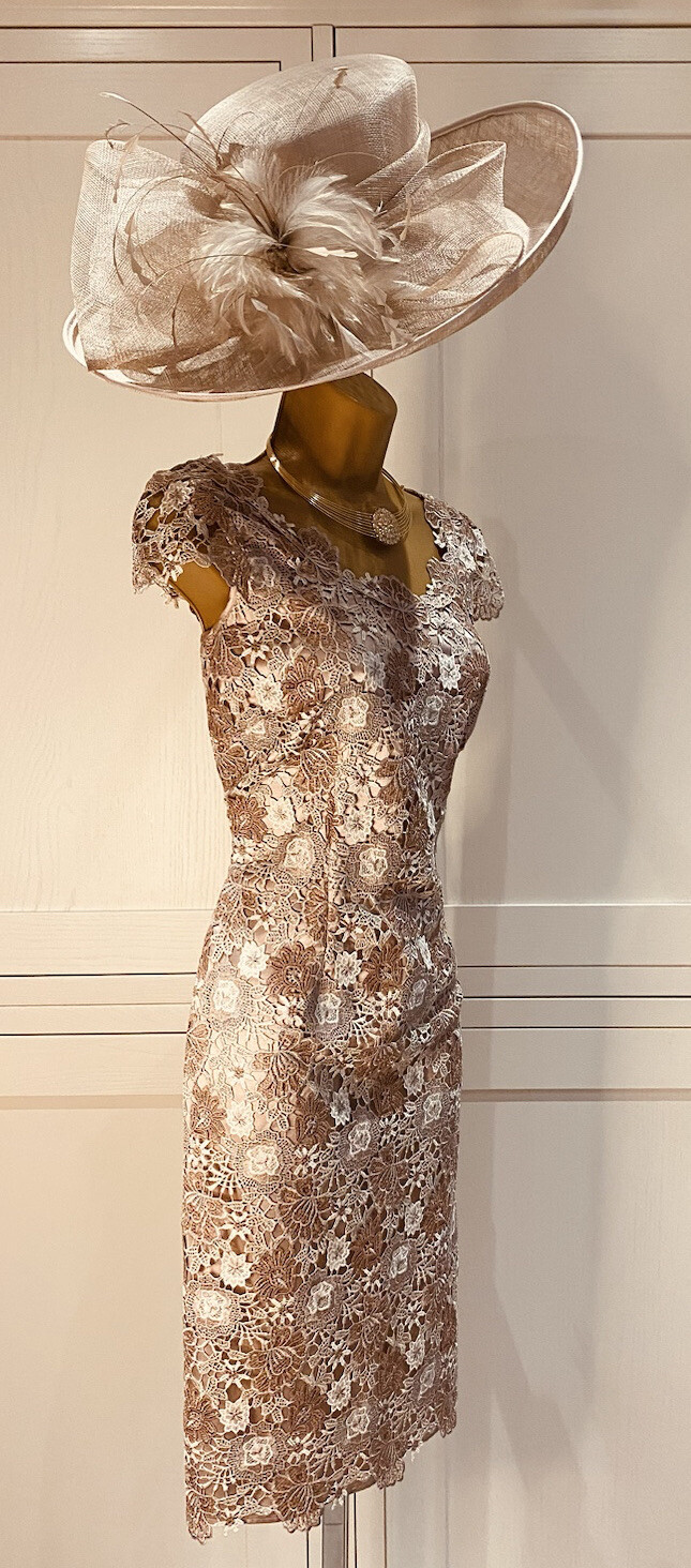 Jacques Vert Oyster Lace Overlay Dress UK 10 & Shantung Edge To Edge Jacket 12