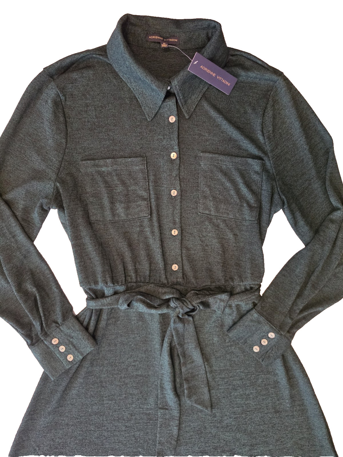 Adrienne Vittadini Long Sleeve Collared Belted Shirt Dress NWT XL Dark Green