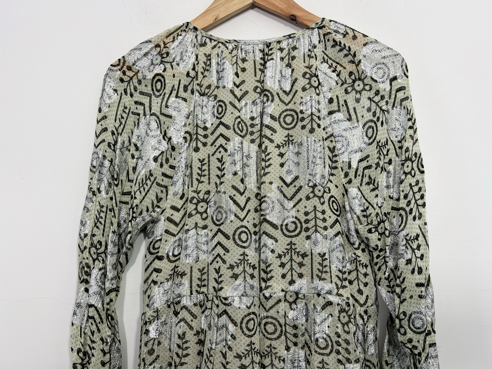 Zara A Line Boho Mini Dress Size XS Relaxed Oversized Fit Green Metallic Silver