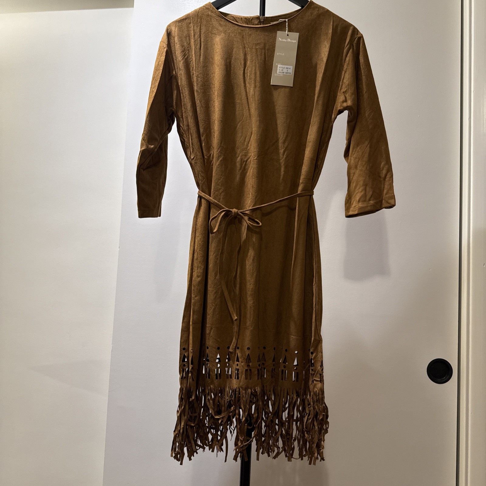 NWT Neslay Design Women’s Dark yellow Dress Fringe Hem 3/4 Sleeve – size S