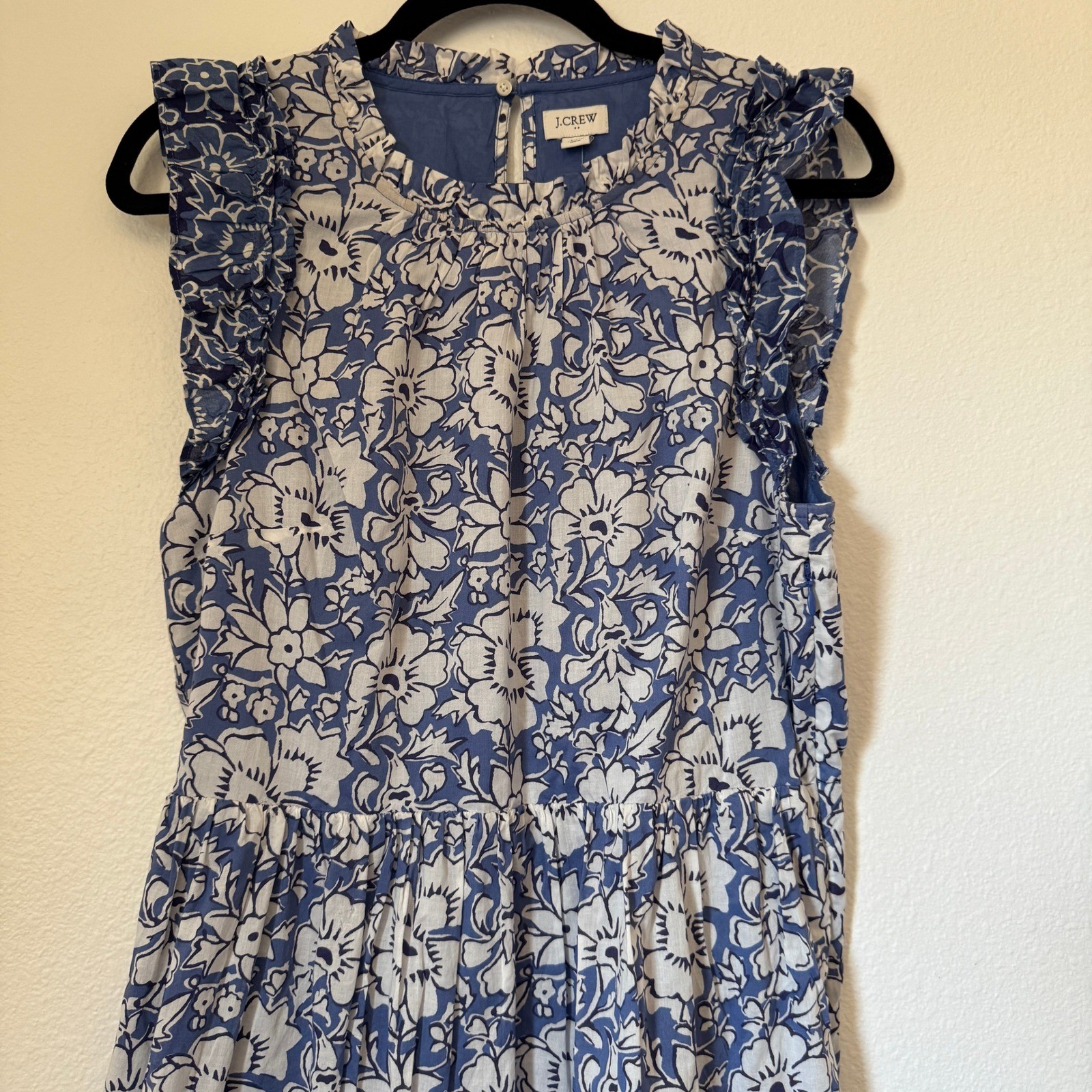 J.Crew Blue Floral Block Print Ruffle Tiered Midi Dress Pockets CA214 Sz 12 NWT
