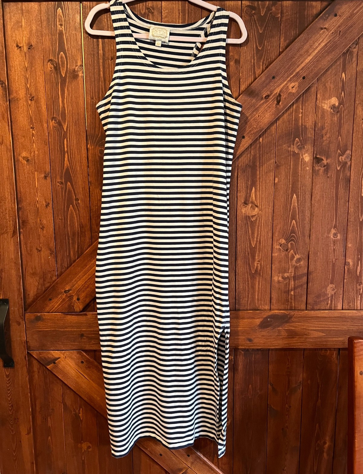 Womens Large SAIL TO SABLE Striped Tank Dress Navy Blue White Sun Beach Nautical