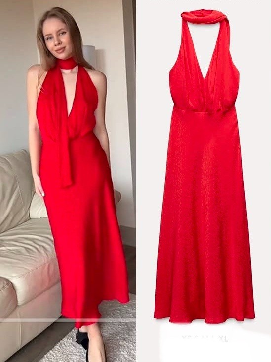 ZARA WOMAN HALTER JACQUARD MIDI DRESS WITH TIE FLORAL RED Size L